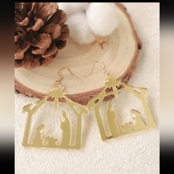 #123. Acrylic Golden Mirror Christmas Earrings, Personalized Creative Earrings - Picture 1 of 3